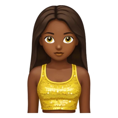 Sasha from Bratz with long dark brown hair, dark skin, hazel eyes, yellow sequin crop top sticker