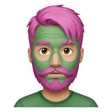 pink haired man with full full face green clay mask and beard sticker