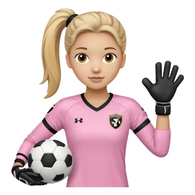 Make a dirty blonde football goalkeeper with goalkeeper gloves on holding a regular  The girl is light skinned and wearing a light pink football. Wearing a ponytail with the dirty blonde. Make it without the whole body. With full sleeves. WITHOUT A RUGBY BALL JUST REGULAR BLACK AND WHITE BALL sticker
