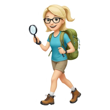 Extremely happy joyful woman in her late 30s with glasses wearing sporty outfit, hiking boots, and backpack, holding a magnifying glass with big smile sticker