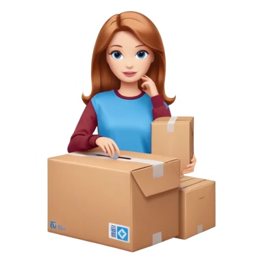 Barbie in a brown sweatshirt with shoulder-length reddish-brown hair, blue eyes with makeup, stands with a parcel box sticker