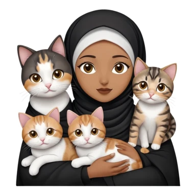 beautiful brown skin hijabi with dark brown eyes and black hijab with (one chubby calico cat, one chubby tabby cat, one tabby cat with left cataract eye, one tabby mix white cat, one black cat and marble tabby kitten) make holding one of the cat sticker