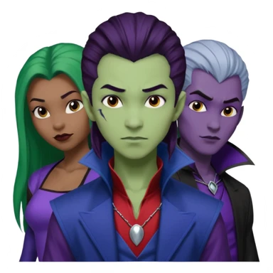 Solo poly platonic relationship, one African girl, one Asian boy, one biracial features Asian tomboy girl rat-tail hair long and upper masculine hair 90s, vampire and marvel cosplay elements inspired  use marvel race, like instead of obvious human, green purple blue etc,  sticker