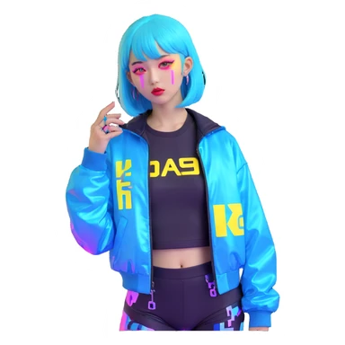 Cyberpunk Japanese girl with neon blue wig, holographic jacket, digital glitches effect, dark background with purple neon glow sticker