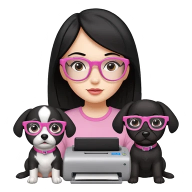 Una chica con pelo negro y lentes rosados, con una impresora negra y dos perras, la primera de color marron y la otra negra sticker