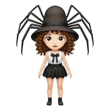 full body woman short curly brown mullet hair brown eyes white skin wearing spider hat and silk ribbon outfit sticker