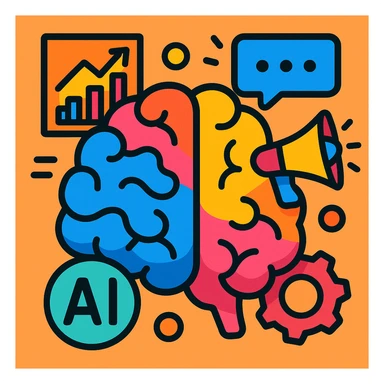 stylized brain with marketing symbols like graph and chat bubble, showing AI-driven marketing innovation, vibrant toon style sticker