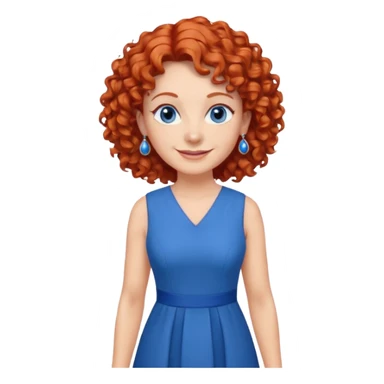 una profesora mayor simpática con el pelo rojo rizado, ojos azules, vestido azul y pendientes azules hablando sonriendo altura completa  sticker