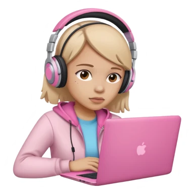 a girl with a pink laptop with headphones, color outline icon style, looking sad sticker