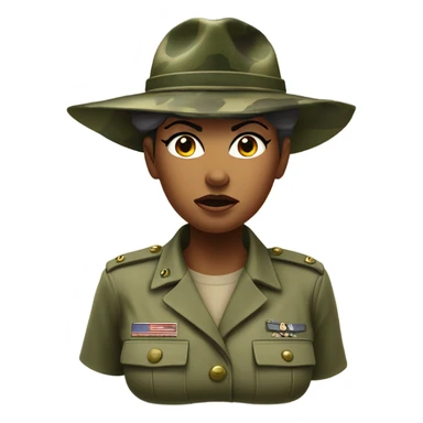 a female drill sergeant character wearing a classic sergeant hat and a camouflage army shirt. The character should have an angry intense expression. full torso sticker