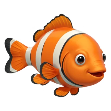 Full body of a clownfish with bright orange and white striped body, small fins, rounded tail, big black eyes, smiling expression, cartoon style, floating in water, front-facing sticker