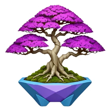 Futuristic wild glowing et alien moss maples Bonsai hair-fine-leaf group crimson crystal boxwood purple and cream pink blue informal rocky cliffhanger eight trees forest planting in shallow origami slab style pot with big feet  sticker