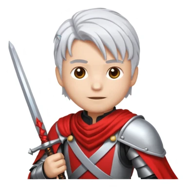 32x32 pixel art emoji, a white-haired boy holding dual swords, inspired by, heroic pose, silver-white hair, glowing red and silver swords, metallic armor details, vibrant colors, transparent background, high contrast, video game icon style. sticker