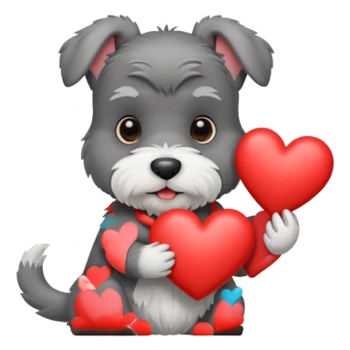 Schnauzer holding a heart sticker
