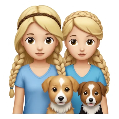 a group of 5 girls two blonde hair tied down one with a golden retriever next to her 1 blonde hair and in a braid  and one brown hair with a head band and 1 blonde hair in a small braid with a border collie next to her sticker