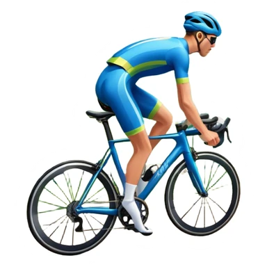 An icon featuring a sleek road bicycle with aerodynamic wheels on a winding mountain road. The background showcases a stunning landscape with rolling green hills, a bright blue sky, and distant peaks. Sunlight casts dynamic shadows, emphasizing motion and speed. Transparent background. sticker