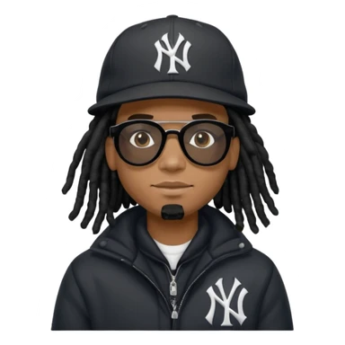 African American man with shoulder length black dreadlocks wearing black sunglasses with a New York Yankees baseball cap wearing a black bubble winter coat sticker