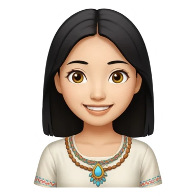 30 yr old asian woman center parted hair big eyes big smile tanned skin straight black hair hippie part hair white blouse sticker