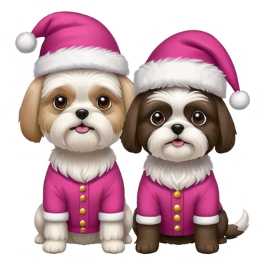 two dogs one little white all over shih tzu dog with pink santa hat and one bigger mostly white with black havanese dog wearing red christmas sweater and red christmas hat sticker