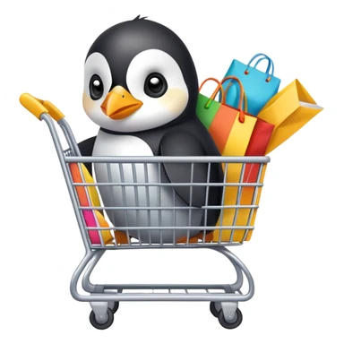 cute baby penguin sitting in a shopping cart filled with shopping items and colorful shopping bags sticker