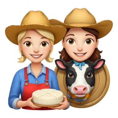 smiling female farmer with a cow next to her and mozzarella cheese, vibrant colors, simple background sticker