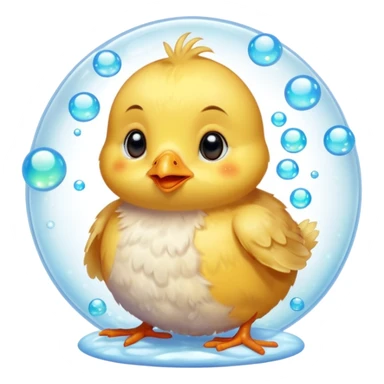 Hyperrealistic, soft furry colorful Baby chick surrounded by Hyperrealistic translucent opalescent bubbles, still life, isolated. 8k sticker