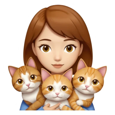 Asian girl, brown hair, brown eyes skin tone almond holding three cats one ginger, one yellow white one British short hair cream colour sticker
