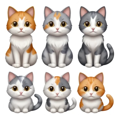 6 realistic looking cats with different natural coloured coats, assorted grey and white, greys, calico, brown and white colours etc
 sticker