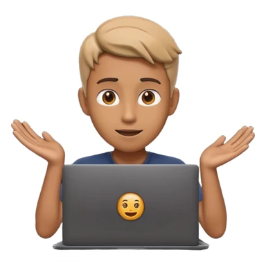 A dark-colored laptop with the screen open. From the screen, a person is emerging, giving a lecture or teaching. The person should look expressive and in a teaching pose. Soft shadows, semi-3D emoji style, clean background. video course sticker