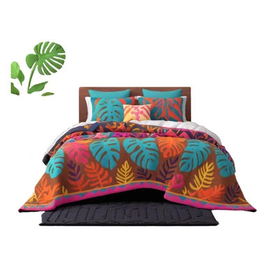 modern boho bedroom with monstera plants, colorful textured rugs, and piles of cozy blankets sticker