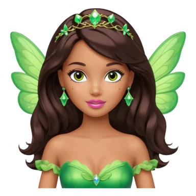 Pretty thick Barbie girl with caramel skin. Dark brown hair and brown eyes. She has freckles. Wearing sexy makeup. Wearing a green fairy costume and heels and flying sticker