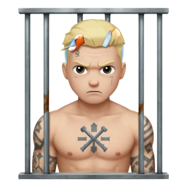 angry blonde tattooed male prisoner with prison cell bg sticker