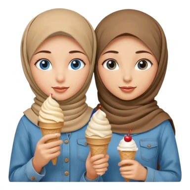 Turkish beautiful finish Konya two girls blue eyes with beige denim hijab islamic dress and had on her hand ice cream in cup sticker