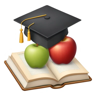 An icon featuring an open book, a chalkboard with lesson plans, and a pencil, symbolizing education and pedagogy. The design includes an apple and a graduation cap, representing teaching and learning. Transparent background highlights the growth and development in education. sticker
