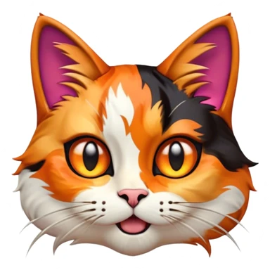 Cinematic Comical Calico Cat Portrait Emoji, Head tilted dramatically with an exaggeratedly surprised expression, showcasing a vibrant patchwork fur of orange, black, and white with wide, comically expressive eyes, simplified yet hilariously detailed, glowing with a sassy, golden radiance, high shine, exuding playful mischief and cheeky feline attitude, styled with a soft glowing outline, capturing the essence of a calico cat that looks ready to leap off the screen with mischievous flair! sticker