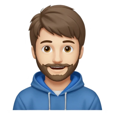 20 year old man, short scruffy beard and thin moustache, brown puffy mullet, blue eyes, big smile, white teeth, big lips, pronounced jaw, hair longer in back, sticking up on top, thin face, grey hooded sweatshirt, blue eyes sticker