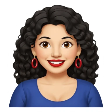 40 yr old Mexican woman, slightly chubby, wavy/curly long black hair, red lipstick, big smile, white teeth, brown eyes, hoop earings, side part to hair, round face, nice blouse, no wrinkle hair side swept, big hoop earing sticker