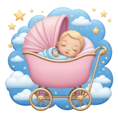 sleeping baby in pink and beige stroller surrounded by many pastel blue clouds and sparkling stars sticker