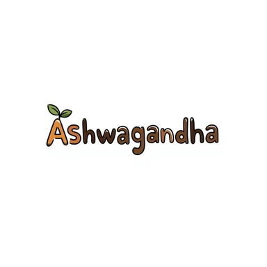 The word "Ashwagandha" hand-drawn in a warm earthy color palette with browns, oranges, and subtle greens. Simple doodle style with minimal decoration. sticker