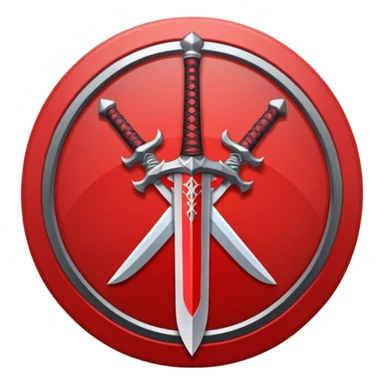 Make an mmo rpg red sword class icon inside of a round emblem in anime style sticker