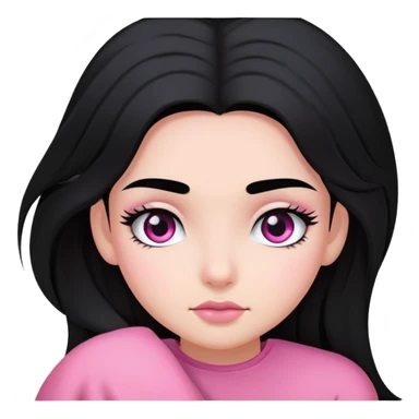 A girl with black hair, black eyes and eyebrows, relatively long hair, and a beautiful pink sticker