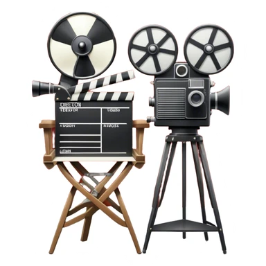 Icon for Directing: a director's chair, a film clapperboard, large movie camera, vintage megaphone and a stage with a spotlight. The icon should represent the creative and organizational aspects of directing, with focus on storytelling, staging, and performance. Transparent background. sticker