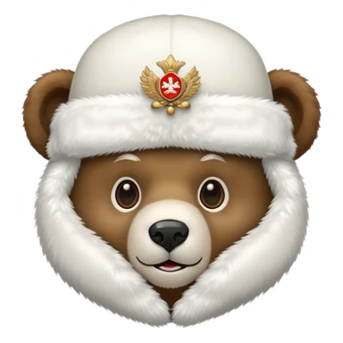Friendly bear face with white fluffy ushanka hat with prominent Russian emblem in the middle, iOS emoji style sticker