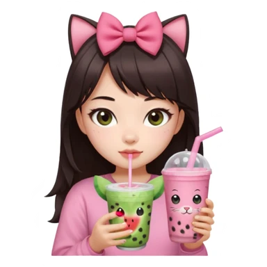 Pale asian girl with cat eyes big pupils with dark brown hair side bangs t the left and layered hair towards the inside with pink bow on hair and pink outfit holding a watermelon bubble tea sticker