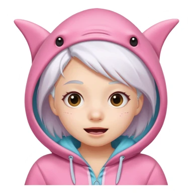 cute girl with white hair in a pink shark onesie, making a silly face sticker