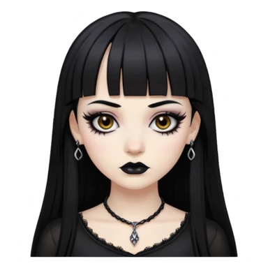 Faça uma moça de cabelo preto e micro micro franja pálida e com maquiagem gótica pesada olhos castanhos escuro  sticker