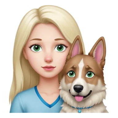 White European young woman with blue-green eyes and long blond hair with her white German Shepherd dog,the Dog has a pink nose and short fur  and Brown eyes sticker