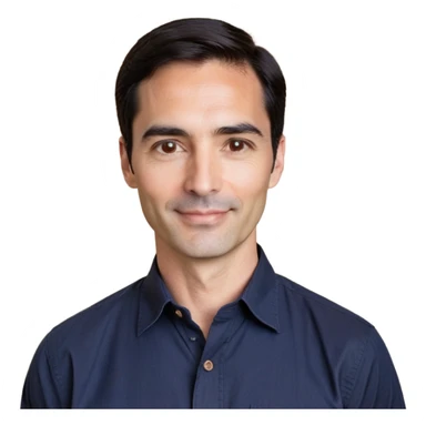 Man in his 40s with wide square face, marked jawline, full cheeks, friendly expression, medium dark brown eyes, thick natural eyebrows, straight wide nose, medium lips curved slightly upward in a relaxed smile, short neat dark brown almost black hair, wearing a navy blue button-up shirt sticker
