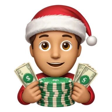 A confident rich emoji face wearing a Santa hat, money stacks, casino vibe, New Year theme, premium 3D emoji style, sharp details, no text, isolated on transparent background sticker