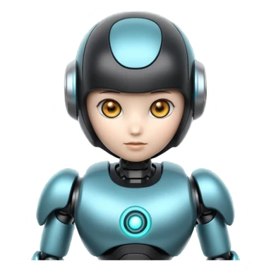 Cute futuristic chibi humanoid robot with large rounded head, add text on chest "LMX", glossy black and grey metal body, glowing cyan and amber eyes, visible joints, confident pose, white background, high-detail 3D render,  sticker
